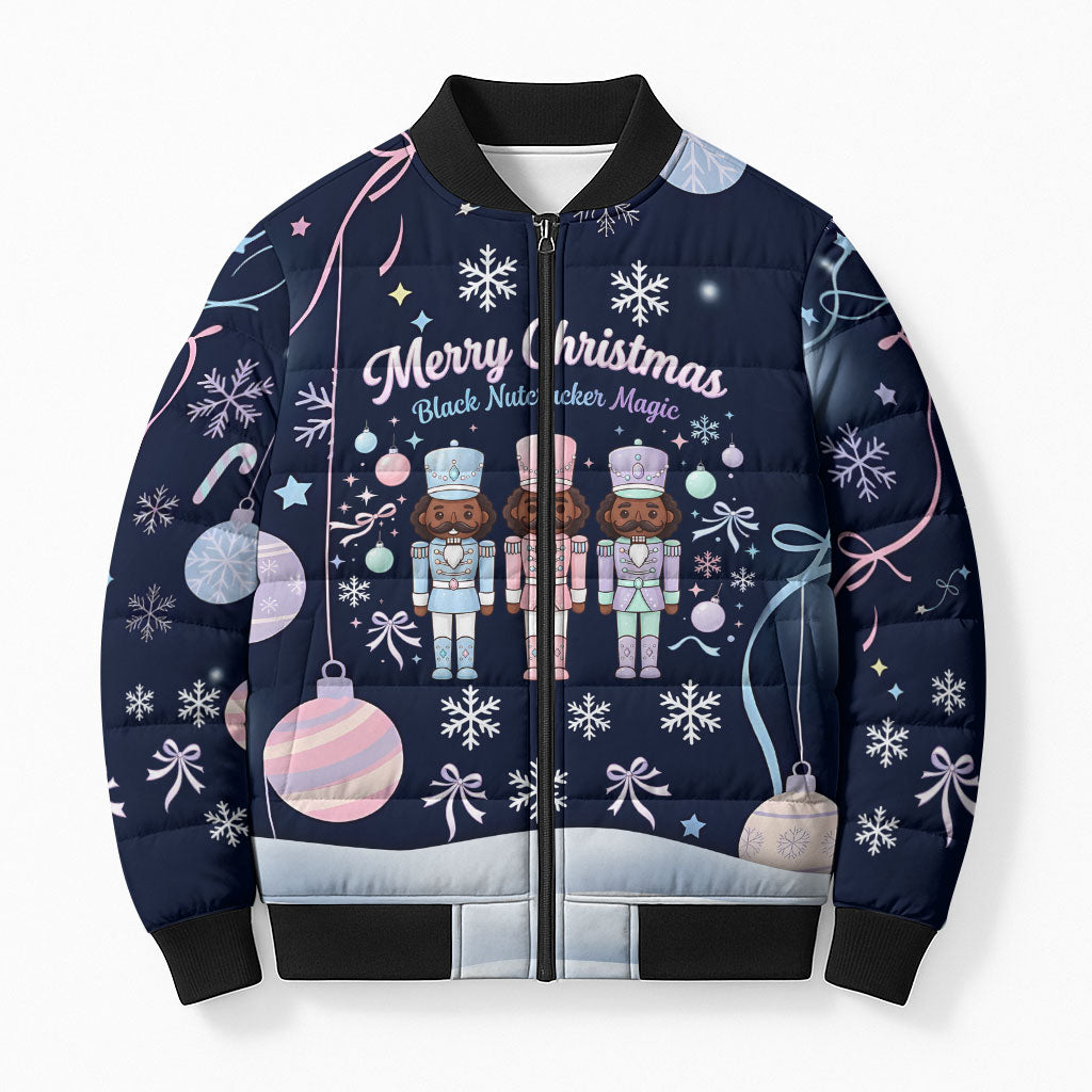 Black Nutcracker Magic Christmas Bomber Puffer Jacket African American Pastel Snowflake Winter