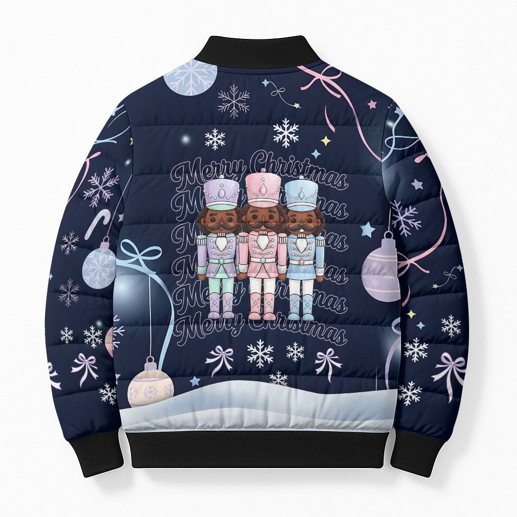 Black Nutcracker Magic Christmas Bomber Puffer Jacket African American Pastel Snowflake Winter
