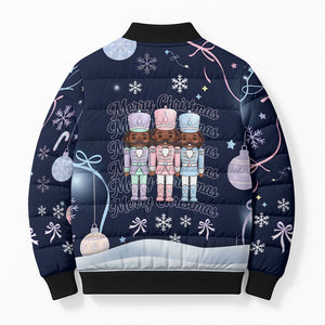 Black Nutcracker Magic Christmas Bomber Puffer Jacket African American Pastel Snowflake Winter