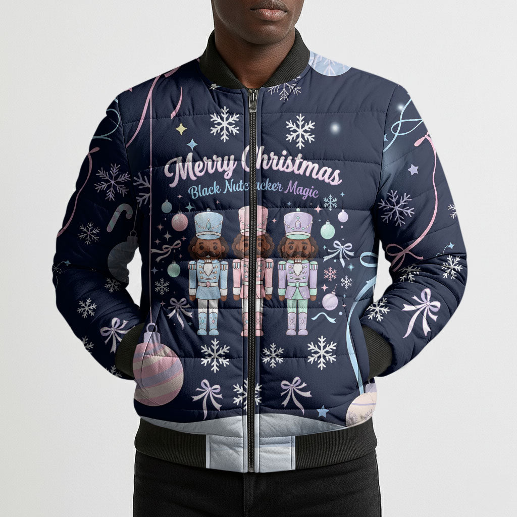 Black Nutcracker Magic Christmas Bomber Puffer Jacket African American Pastel Snowflake Winter
