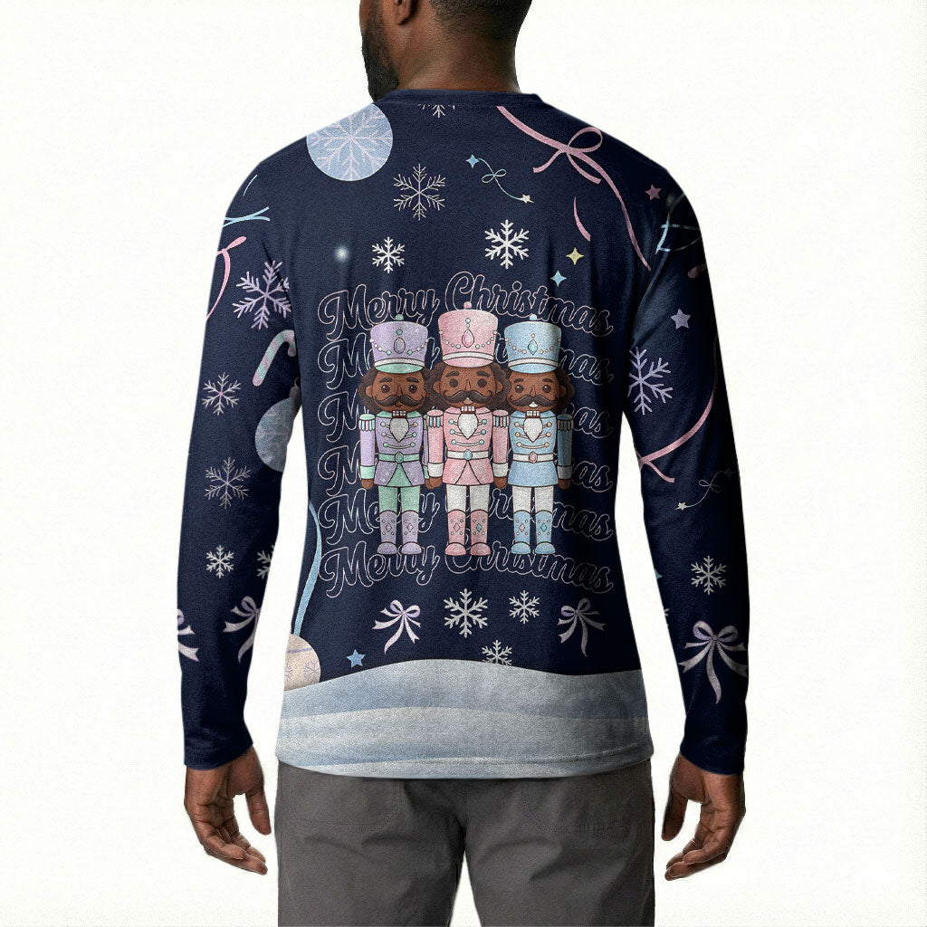 Black Nutcracker Magic Christmas Button Sweatshirt African American Pastel Snowflake Winter