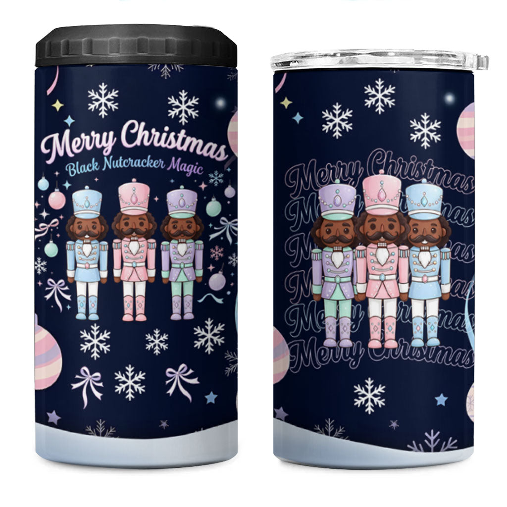 Black Nutcracker Magic Christmas 4 in 1 Can Cooler Tumbler African American Pastel Snowflake Winter