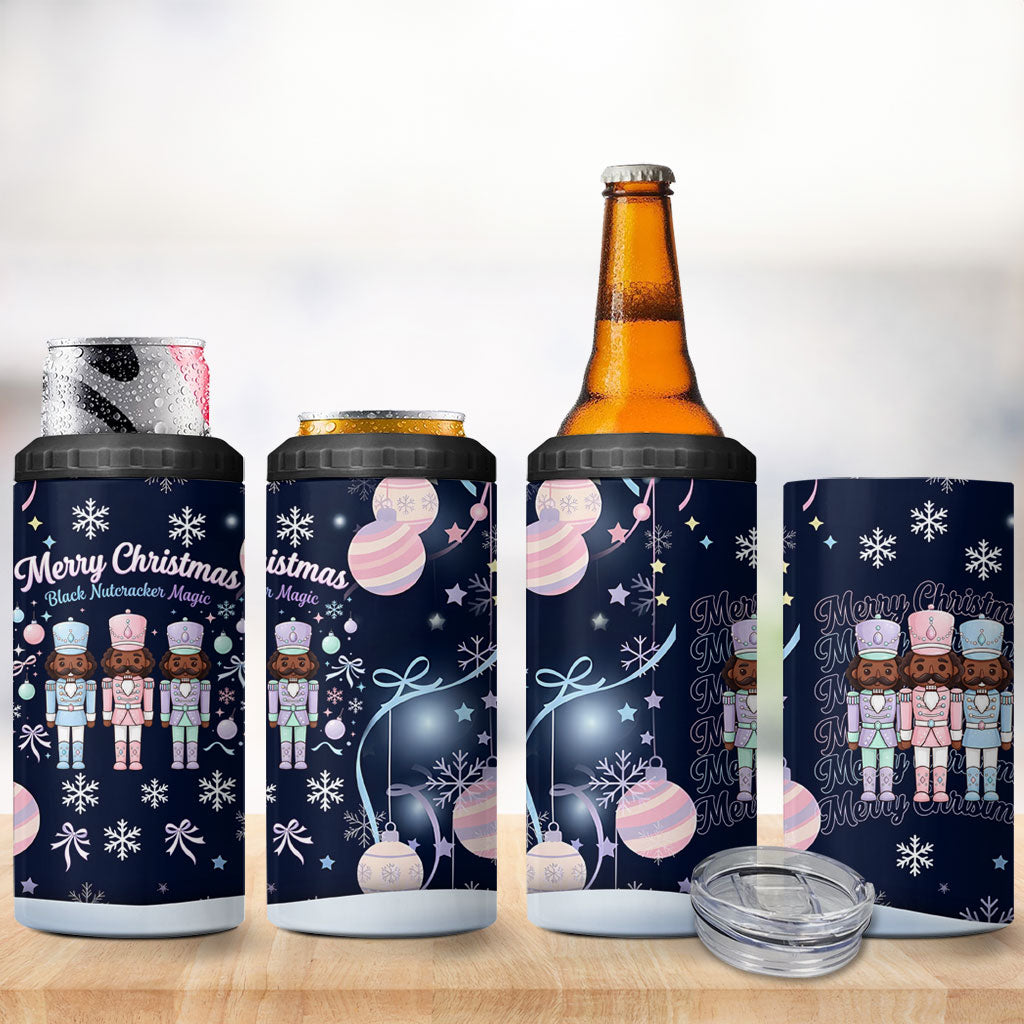 Black Nutcracker Magic Christmas 4 in 1 Can Cooler Tumbler African American Pastel Snowflake Winter