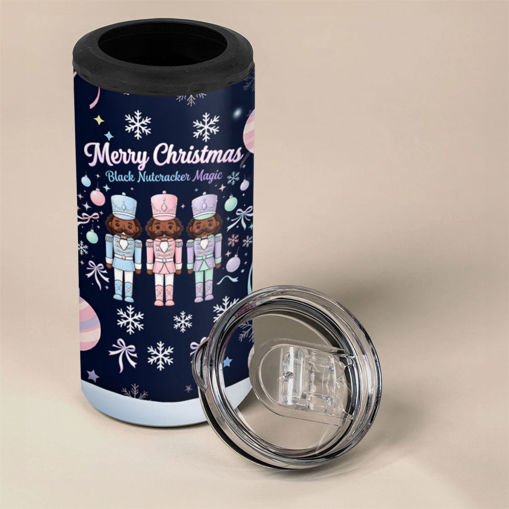 Black Nutcracker Magic Christmas 4 in 1 Can Cooler Tumbler African American Pastel Snowflake Winter