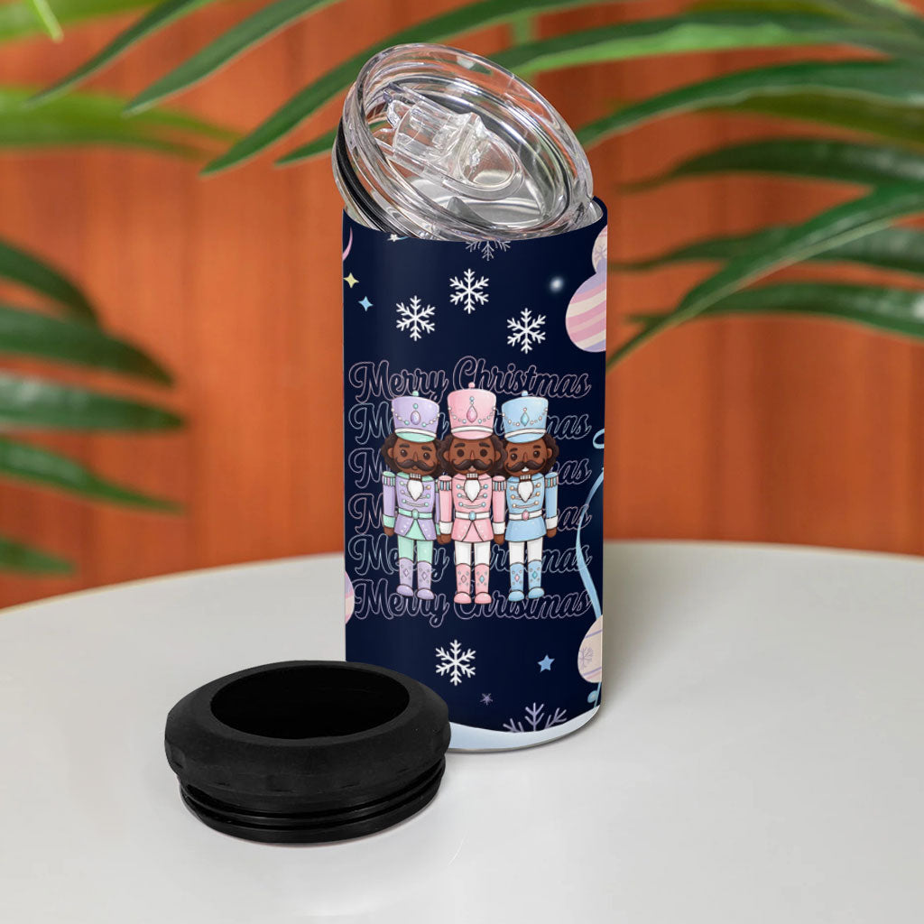 Black Nutcracker Magic Christmas 4 in 1 Can Cooler Tumbler African American Pastel Snowflake Winter