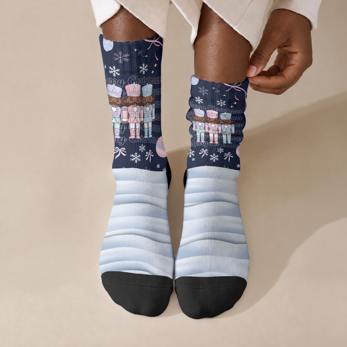 Black Nutcracker Magic Christmas Crew Socks African American Pastel Snowflake Winter