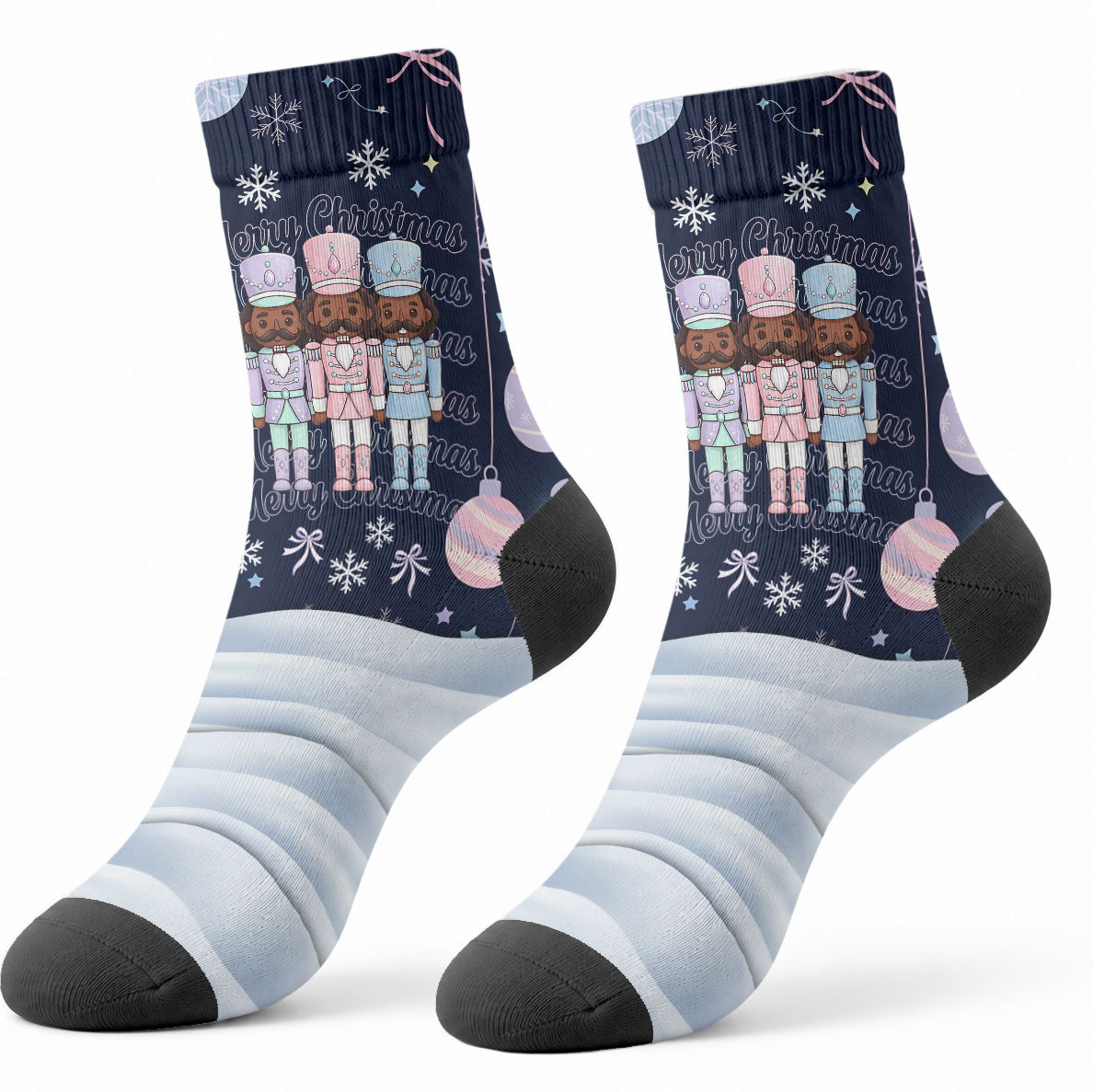 Black Nutcracker Magic Christmas Crew Socks African American Pastel Snowflake Winter