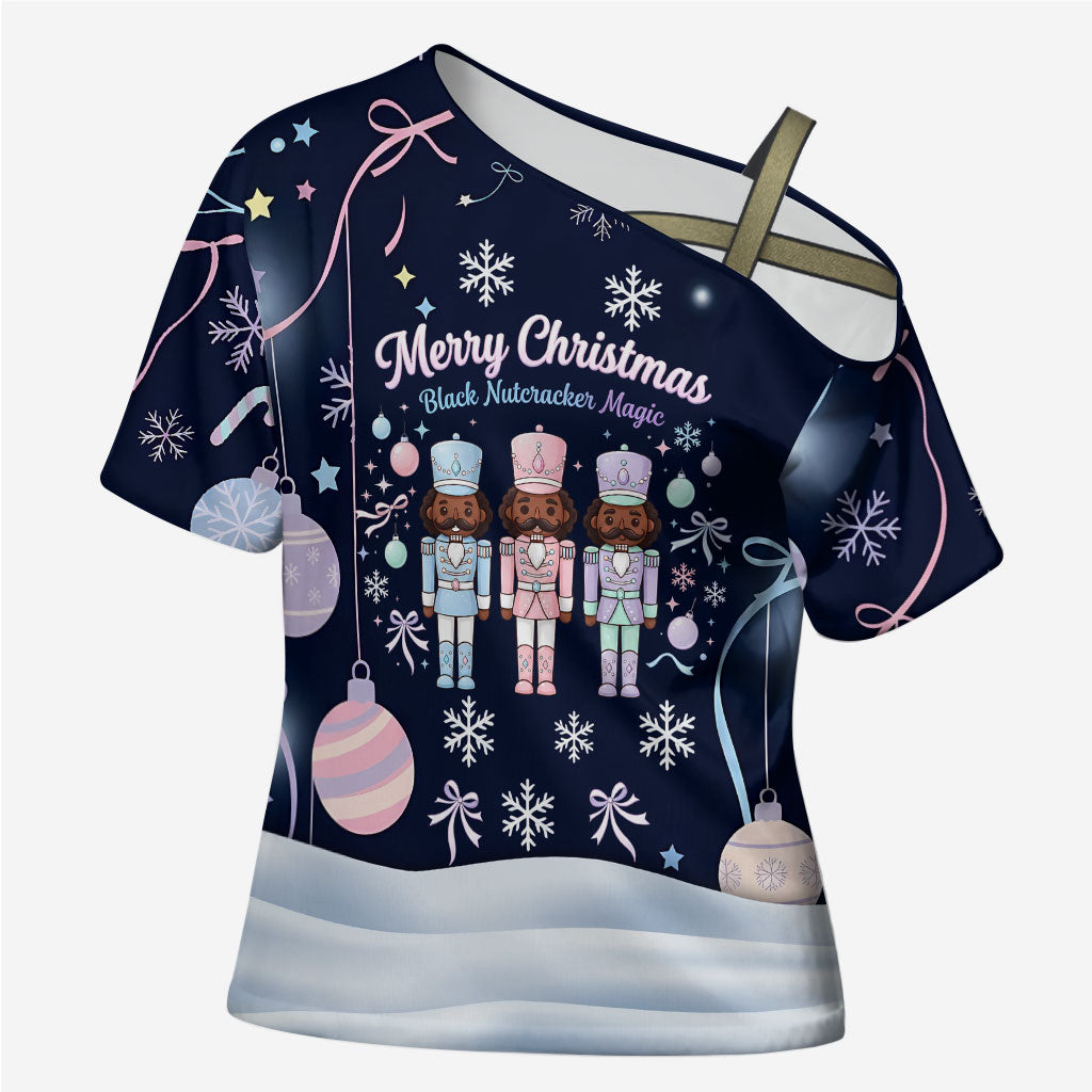 Black Nutcracker Magic Christmas Cross Shoulder Shirt African American Pastel Snowflake Winter