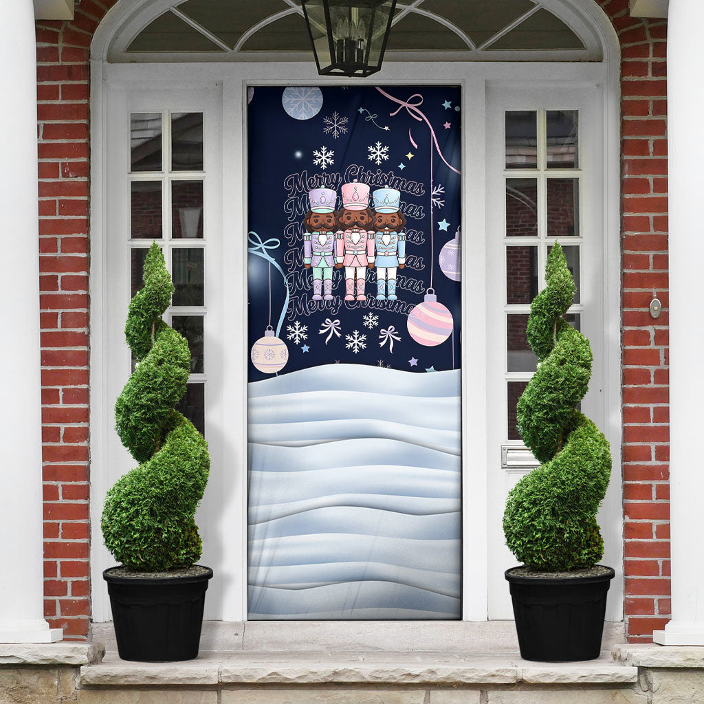 Black Nutcracker Magic Christmas Door Cover African American Pastel Snowflake Winter