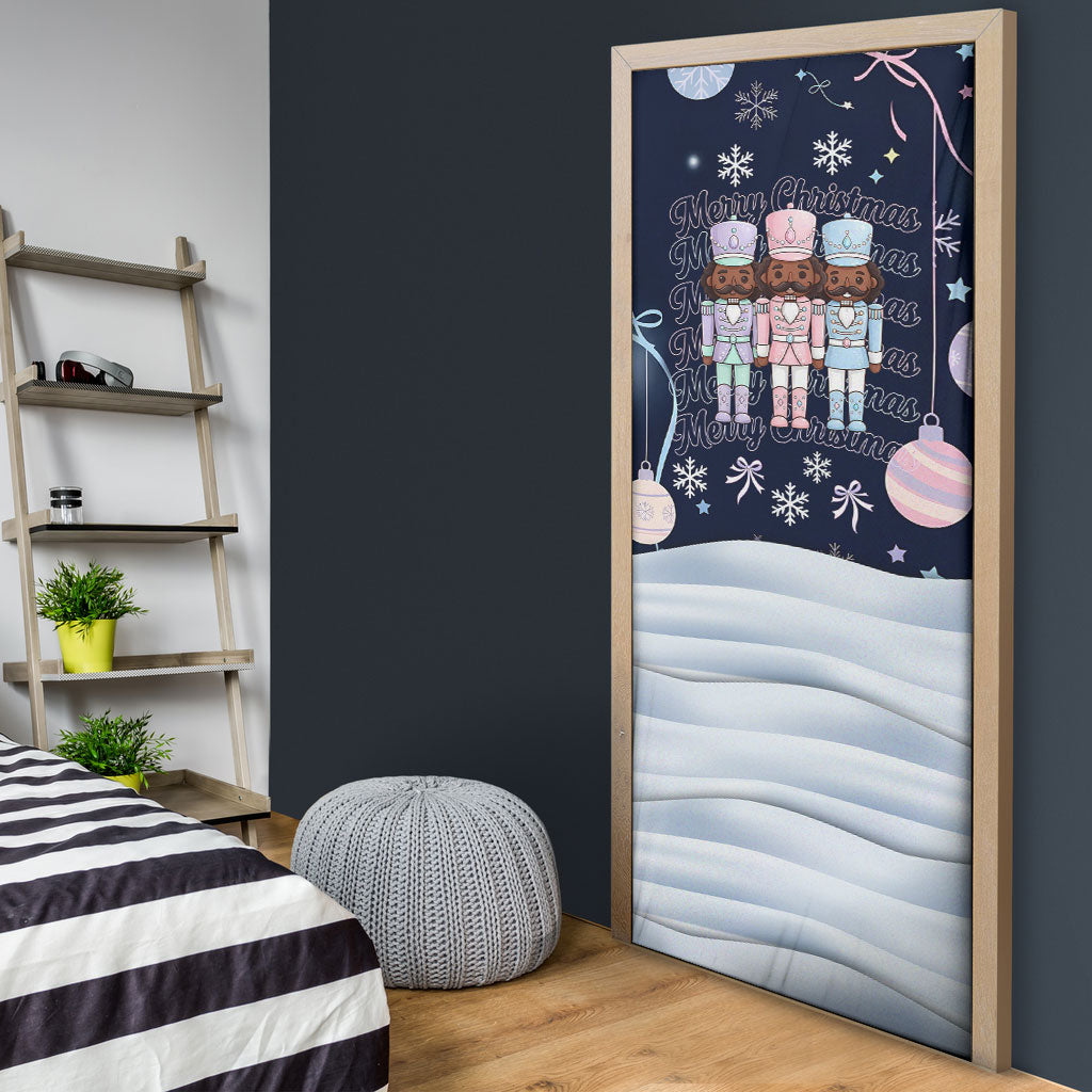 Black Nutcracker Magic Christmas Door Cover African American Pastel Snowflake Winter
