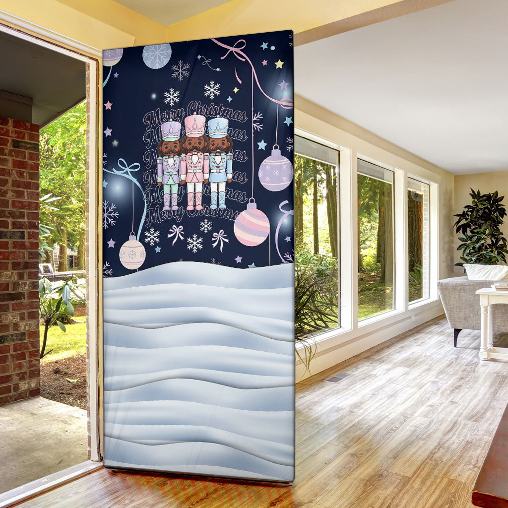 Black Nutcracker Magic Christmas Door Cover African American Pastel Snowflake Winter