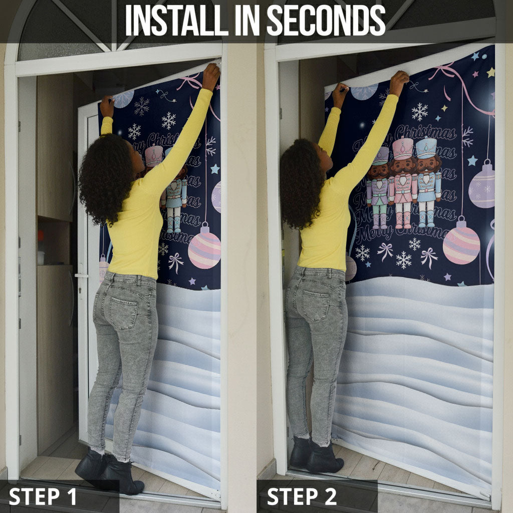 Black Nutcracker Magic Christmas Door Cover African American Pastel Snowflake Winter