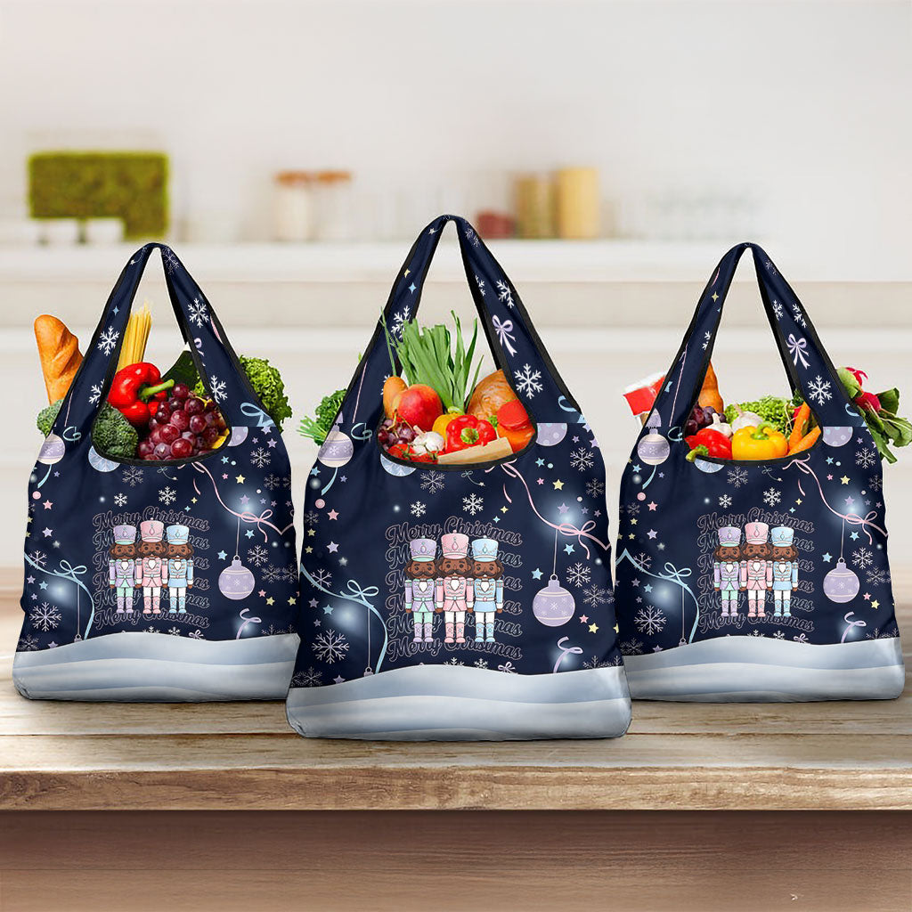 Black Nutcracker Magic Christmas Grocery Bag African American Pastel Snowflake Winter