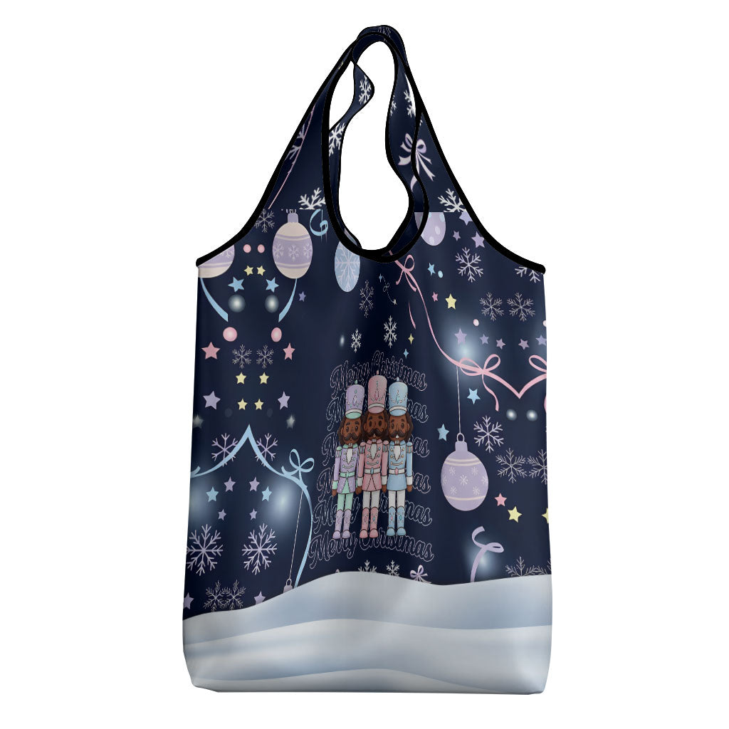 Black Nutcracker Magic Christmas Grocery Bag African American Pastel Snowflake Winter