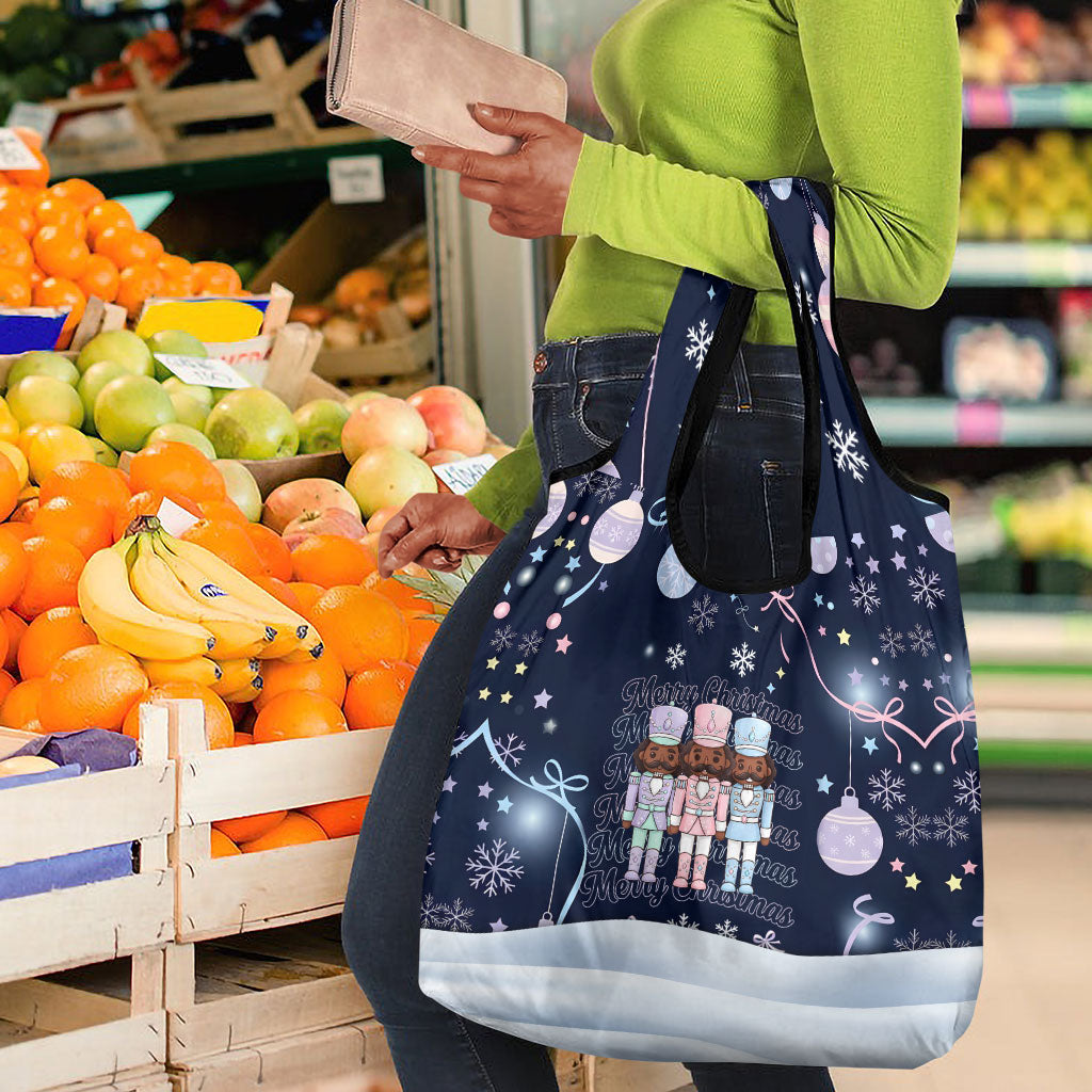 Black Nutcracker Magic Christmas Grocery Bag African American Pastel Snowflake Winter