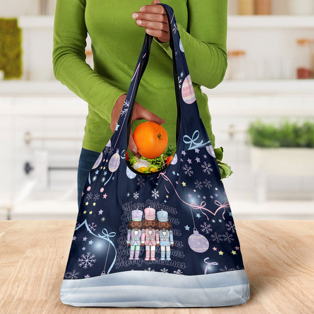 Black Nutcracker Magic Christmas Grocery Bag African American Pastel Snowflake Winter