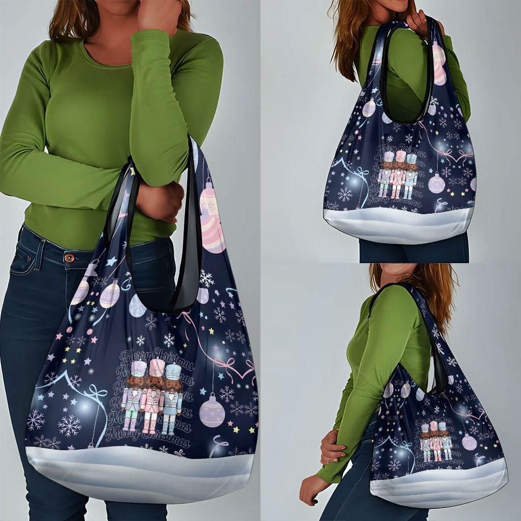 Black Nutcracker Magic Christmas Grocery Bag African American Pastel Snowflake Winter