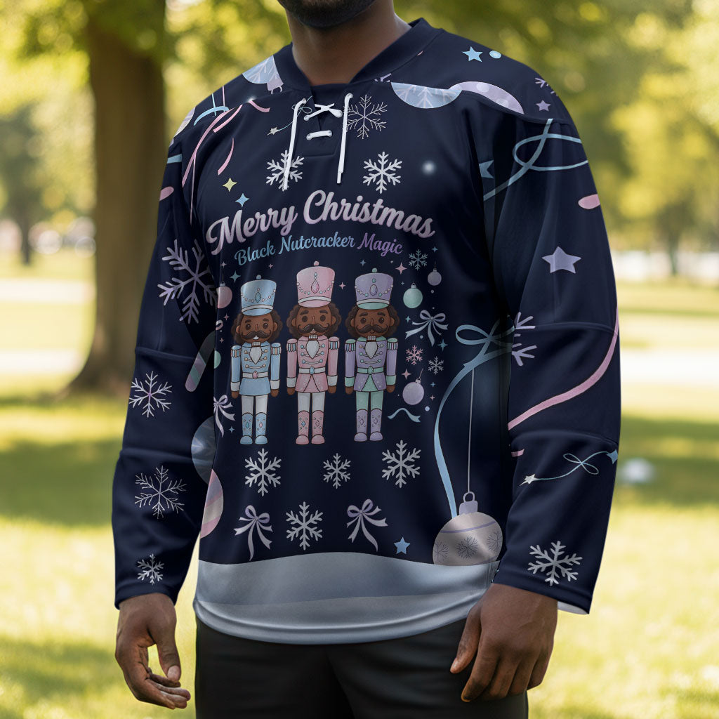 Black Nutcracker Magic Christmas Hockey Jersey African American Pastel Snowflake Winter
