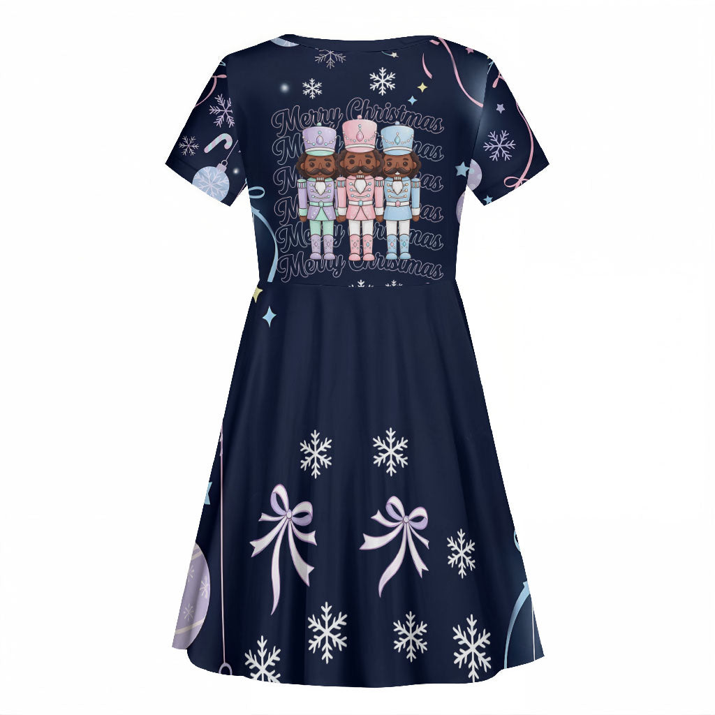 Black Nutcracker Magic Christmas Kid Short Sleeve Dress African American Pastel Snowflake Winter