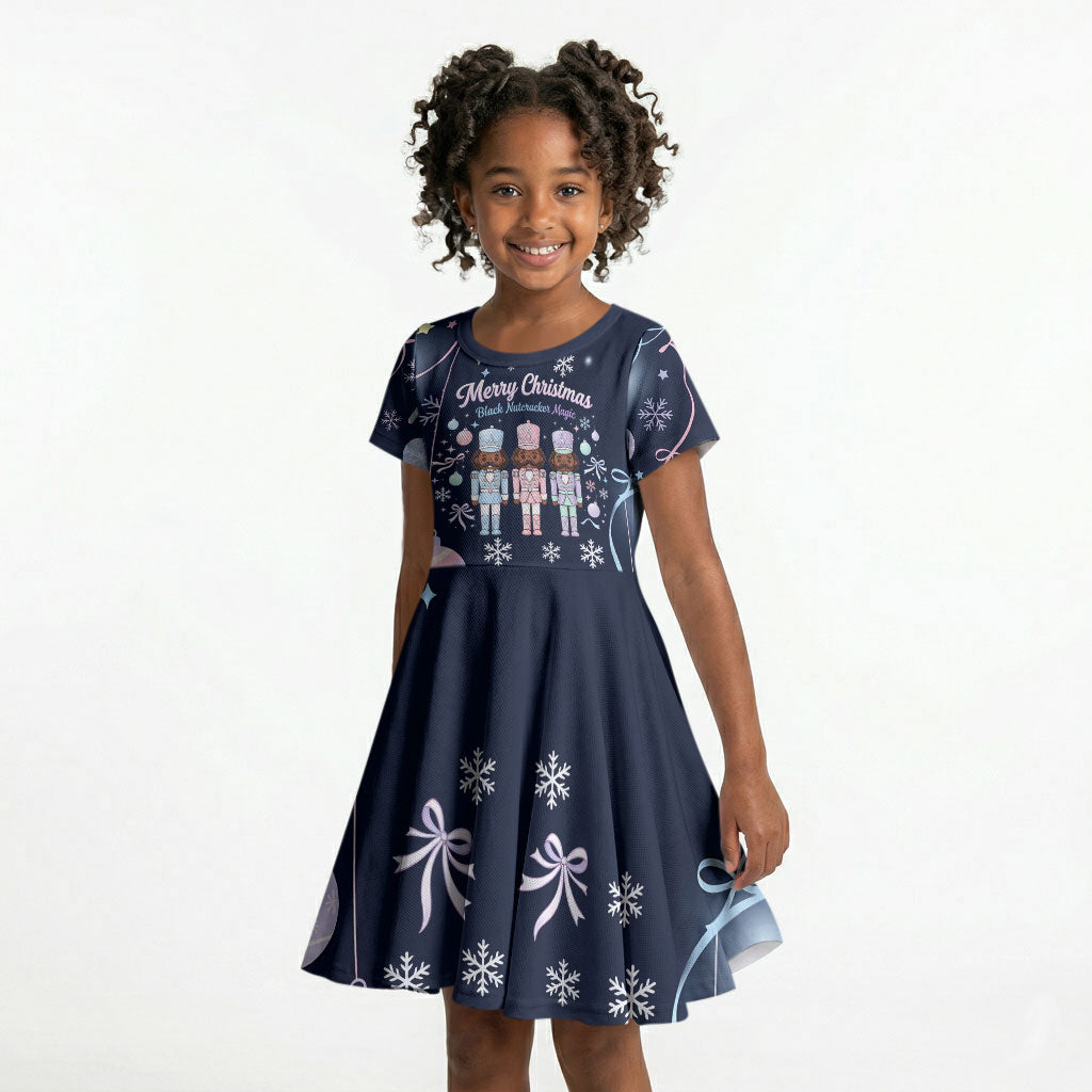 Black Nutcracker Magic Christmas Kid Short Sleeve Dress African American Pastel Snowflake Winter