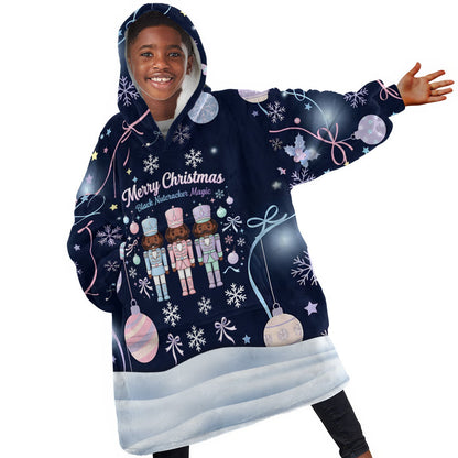 Black Nutcracker Magic Christmas Kid Wearable Blanket Hoodie African American Pastel Snowflake Winter