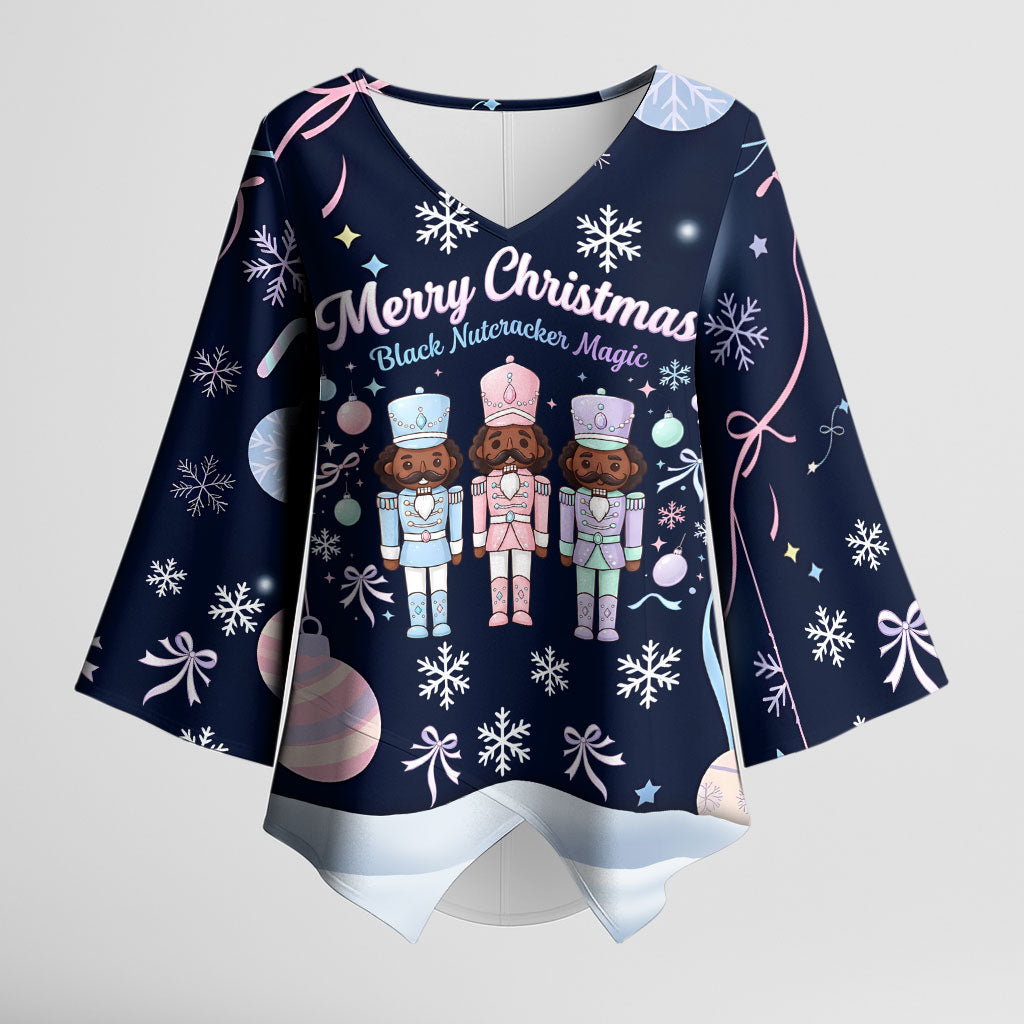 Black Nutcracker Magic Christmas Kimono Sleeve Blouse African American Pastel Snowflake Winter