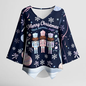 Black Nutcracker Magic Christmas Kimono Sleeve Blouse African American Pastel Snowflake Winter