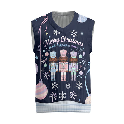 Black Nutcracker Magic Christmas Knitted V-Neck Vest African American Pastel Snowflake Winter