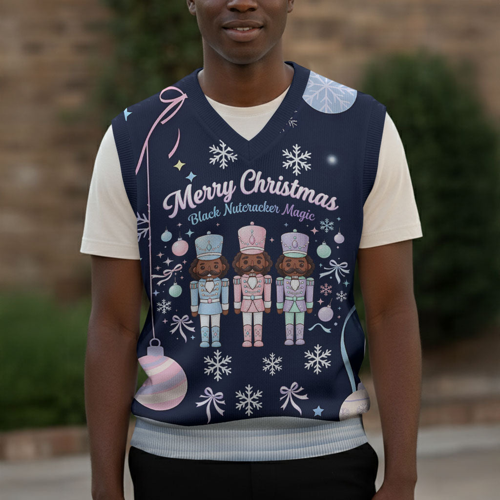 Black Nutcracker Magic Christmas Knitted V-Neck Vest African American Pastel Snowflake Winter