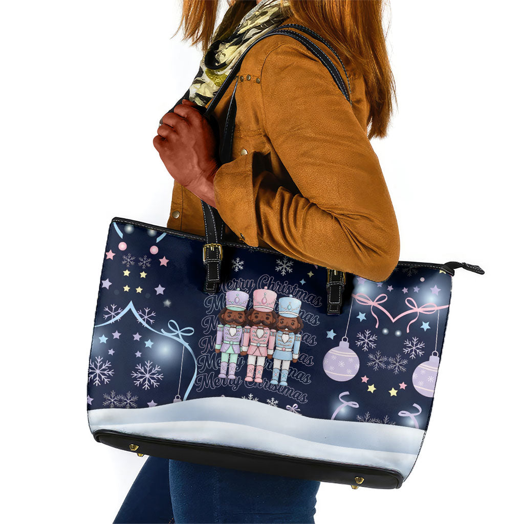 Black Nutcracker Magic Christmas Leather Tote Bag African American Pastel Snowflake Winter