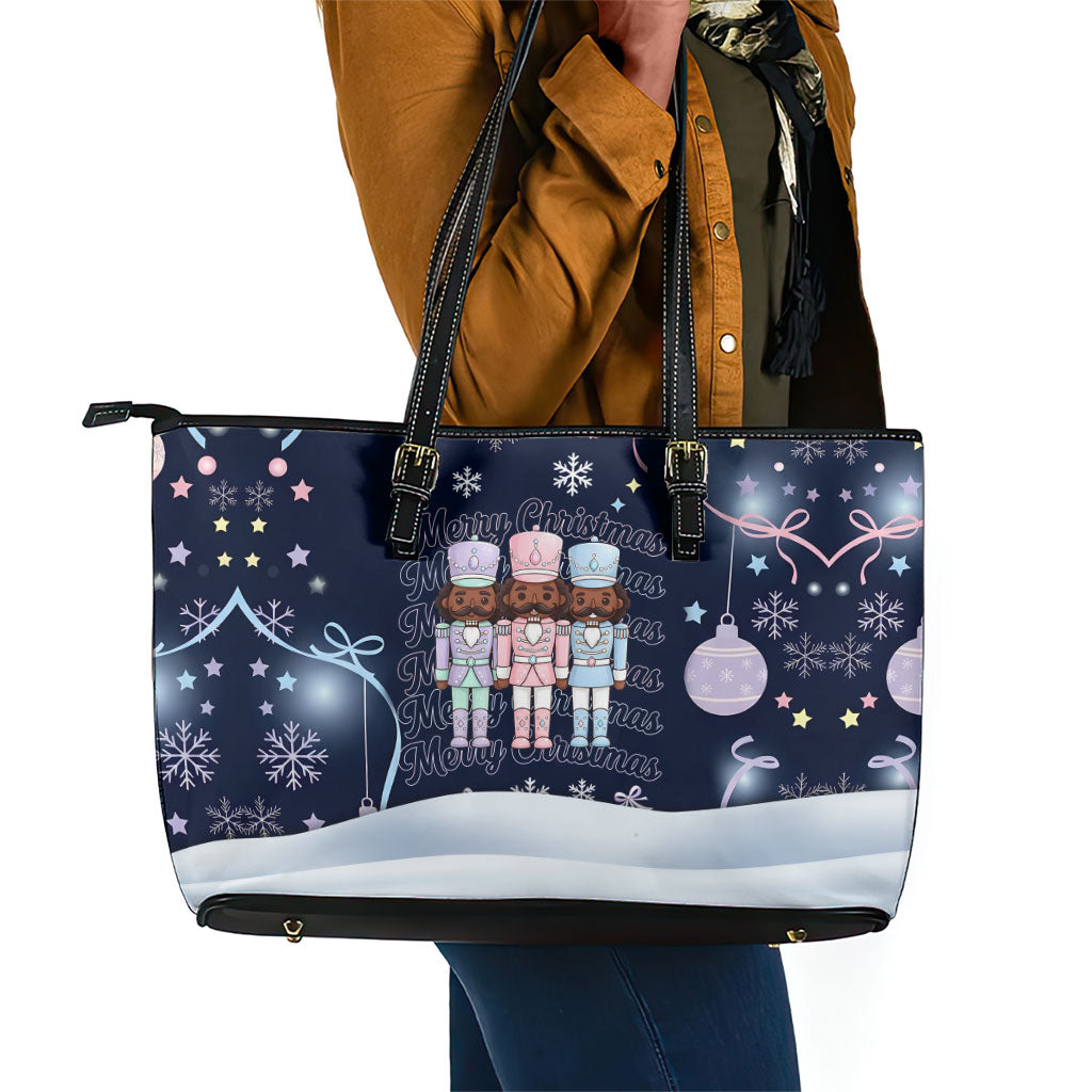 Black Nutcracker Magic Christmas Leather Tote Bag African American Pastel Snowflake Winter