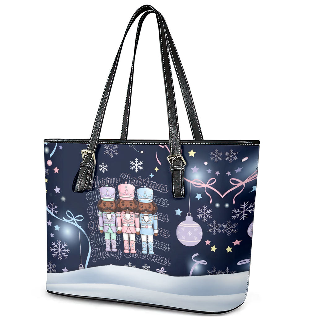 Black Nutcracker Magic Christmas Leather Tote Bag African American Pastel Snowflake Winter