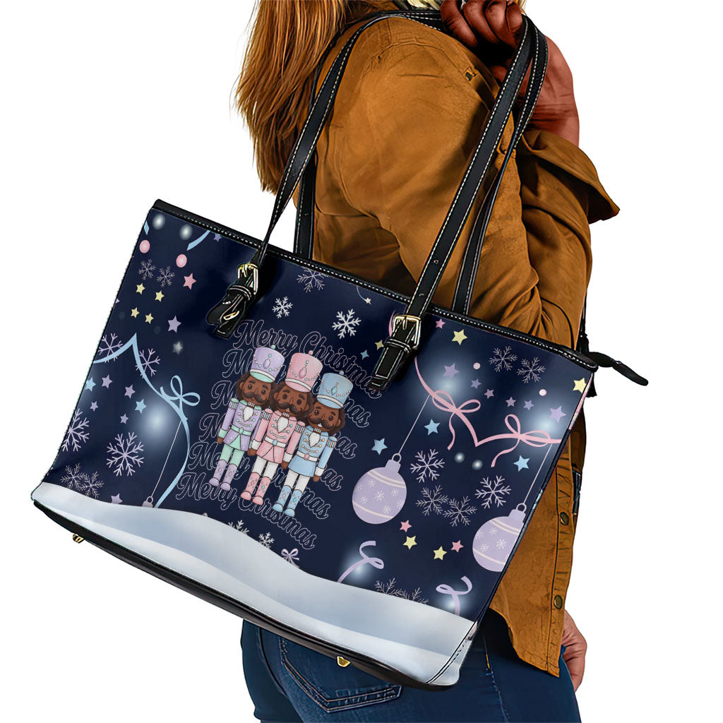Black Nutcracker Magic Christmas Leather Tote Bag African American Pastel Snowflake Winter