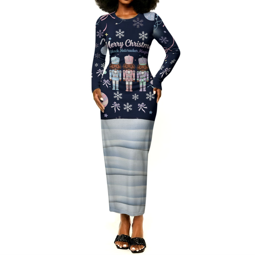 Black Nutcracker Magic Christmas Long Sleeve Bodycon Dress African American Pastel Snowflake Winter