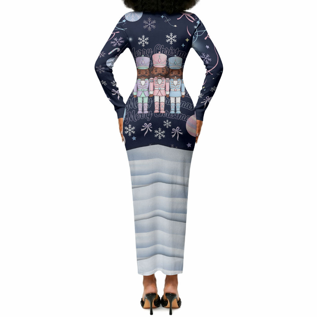 Black Nutcracker Magic Christmas Long Sleeve Bodycon Dress African American Pastel Snowflake Winter