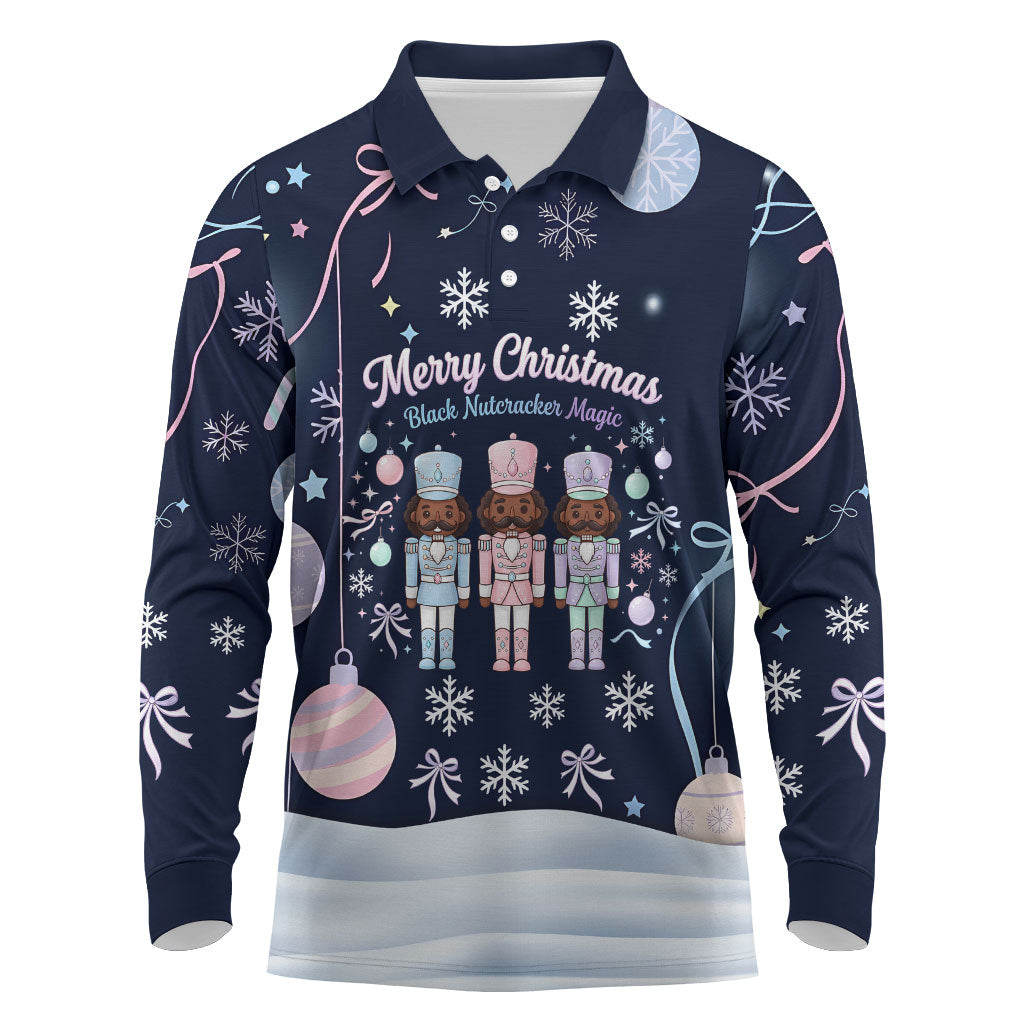 Black Nutcracker Magic Christmas Long Sleeve Polo Shirt African American Pastel Snowflake Winter
