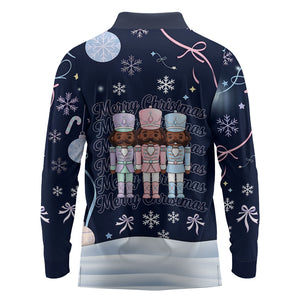 Black Nutcracker Magic Christmas Long Sleeve Polo Shirt African American Pastel Snowflake Winter