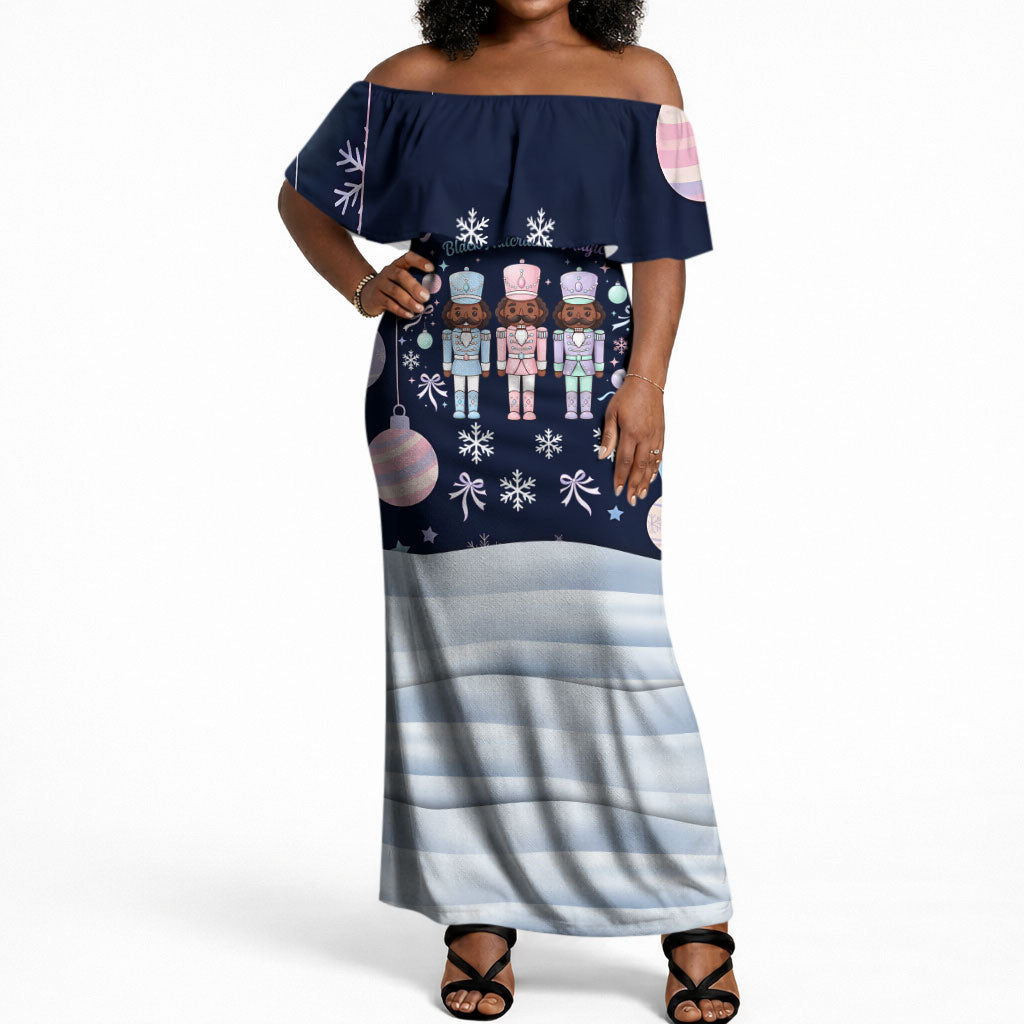 Black Nutcracker Magic Christmas Off Shoulder Maxi Dress African American Pastel Snowflake Winter