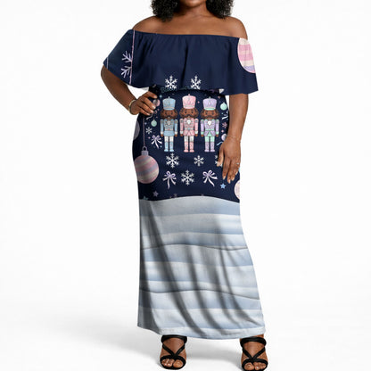 Black Nutcracker Magic Christmas Off Shoulder Maxi Dress African American Pastel Snowflake Winter