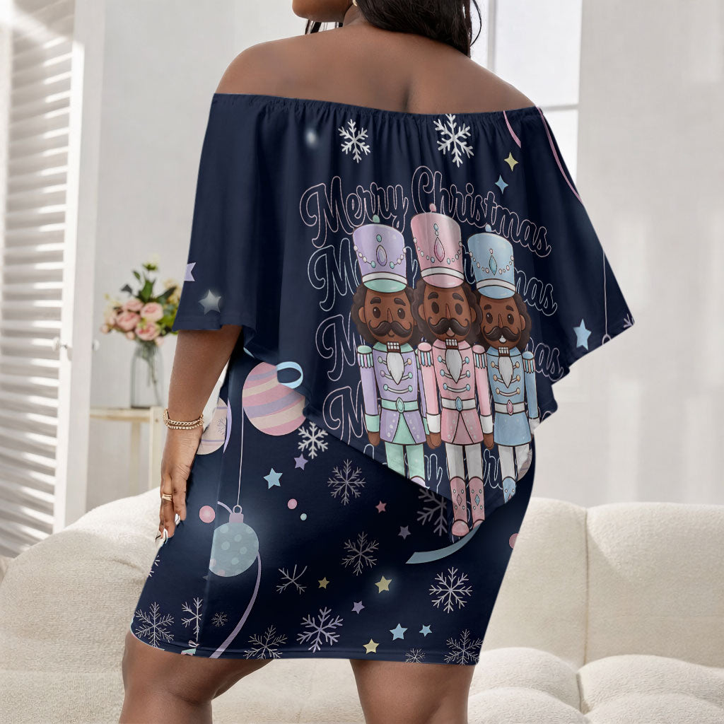 Black Nutcracker Magic Christmas Off Shoulder Short Dress African American Pastel Snowflake Winter