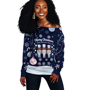 Black Nutcracker Magic Christmas Off Shoulder Sweater African American Pastel Snowflake Winter