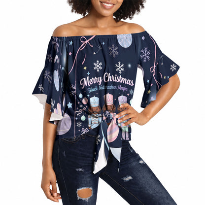 Black Nutcracker Magic Christmas Off Shoulder Wrap Waist Top African American Pastel Snowflake Winter