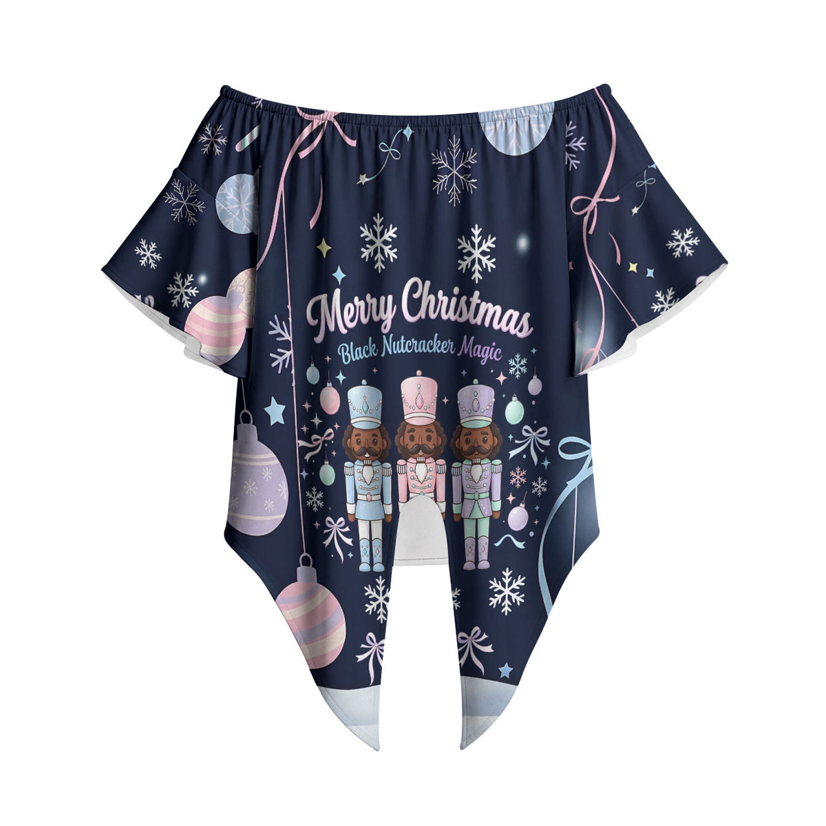 Black Nutcracker Magic Christmas Off Shoulder Wrap Waist Top African American Pastel Snowflake Winter