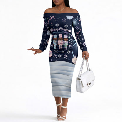 Black Nutcracker Magic Christmas Off The Shoulder Long Sleeve Dress African American Pastel Snowflake Winter