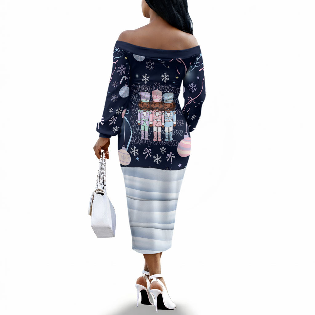 Black Nutcracker Magic Christmas Off The Shoulder Long Sleeve Dress African American Pastel Snowflake Winter