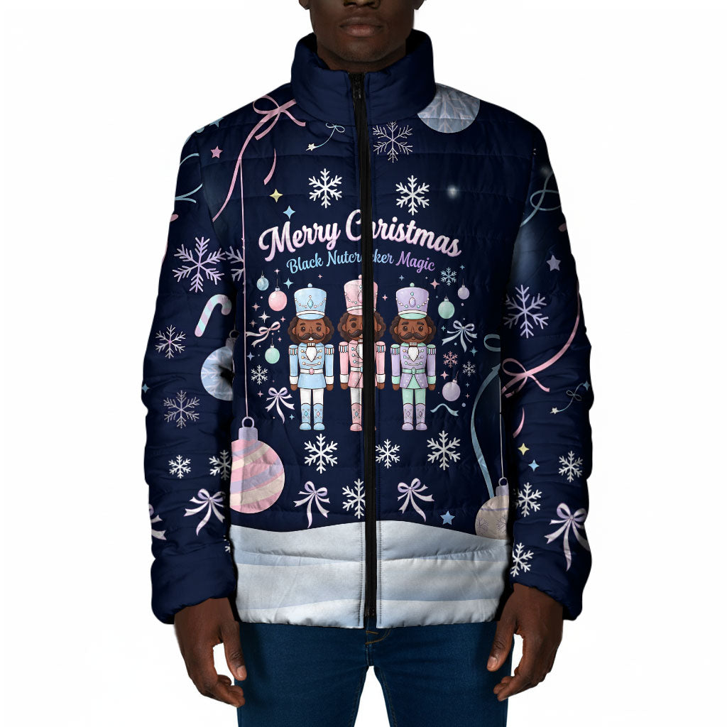 Black Nutcracker Magic Christmas Padded Jacket African American Pastel Snowflake Winter