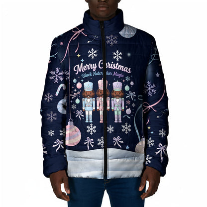 Black Nutcracker Magic Christmas Padded Jacket African American Pastel Snowflake Winter