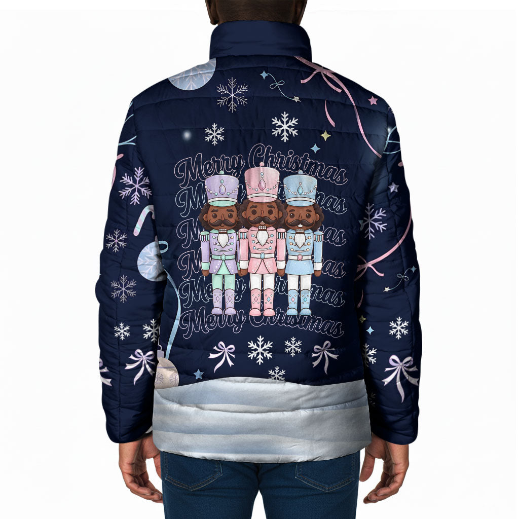 Black Nutcracker Magic Christmas Padded Jacket African American Pastel Snowflake Winter