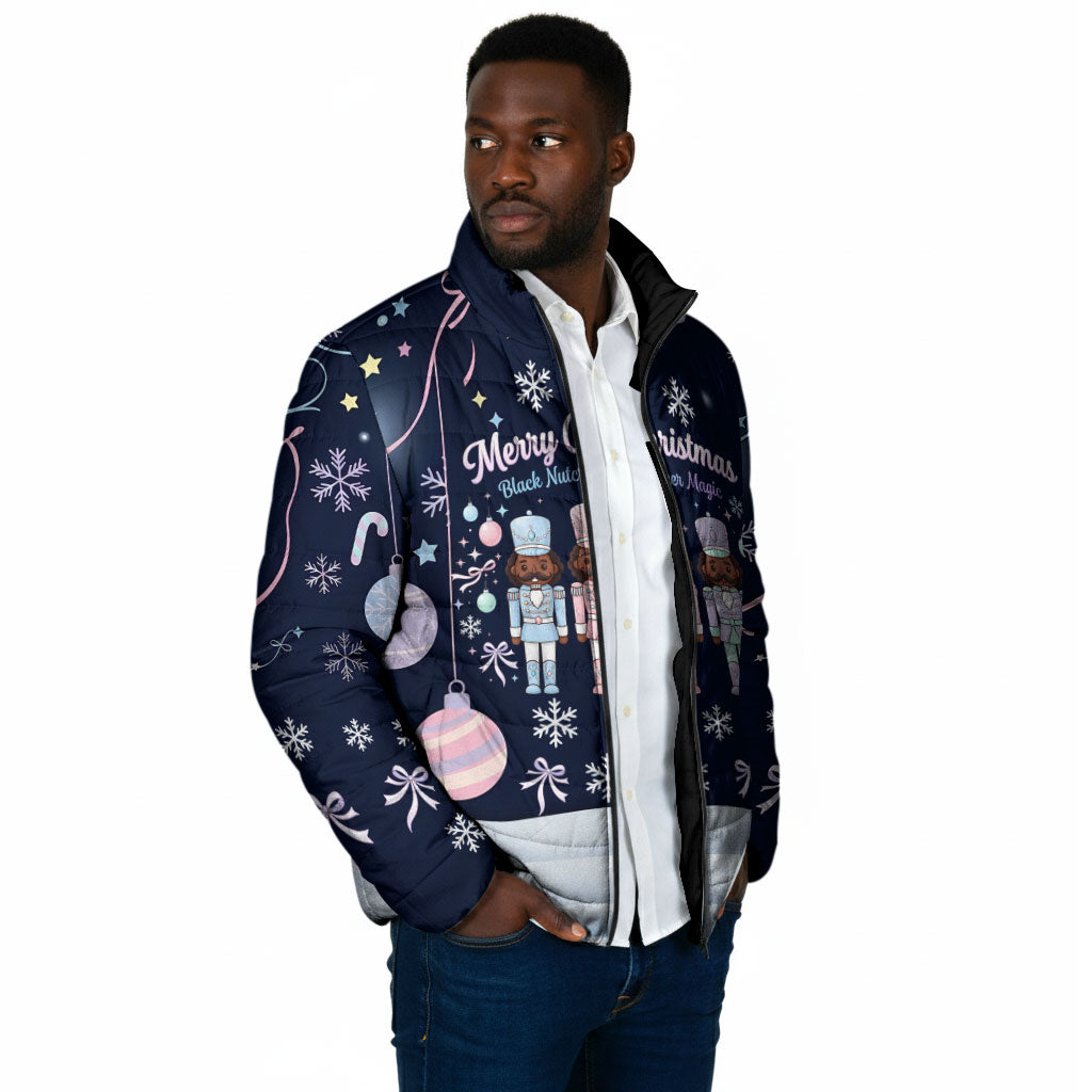 Black Nutcracker Magic Christmas Padded Jacket African American Pastel Snowflake Winter