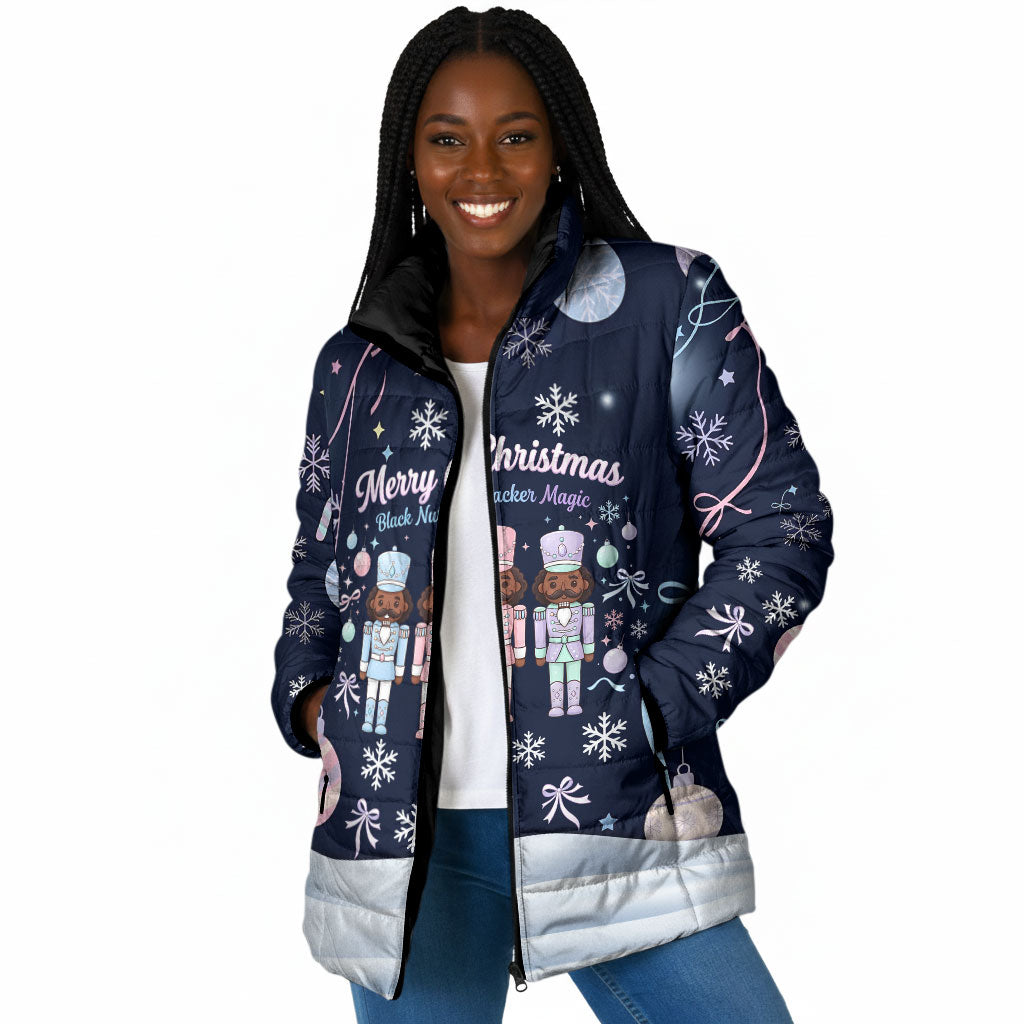 Black Nutcracker Magic Christmas Padded Jacket African American Pastel Snowflake Winter